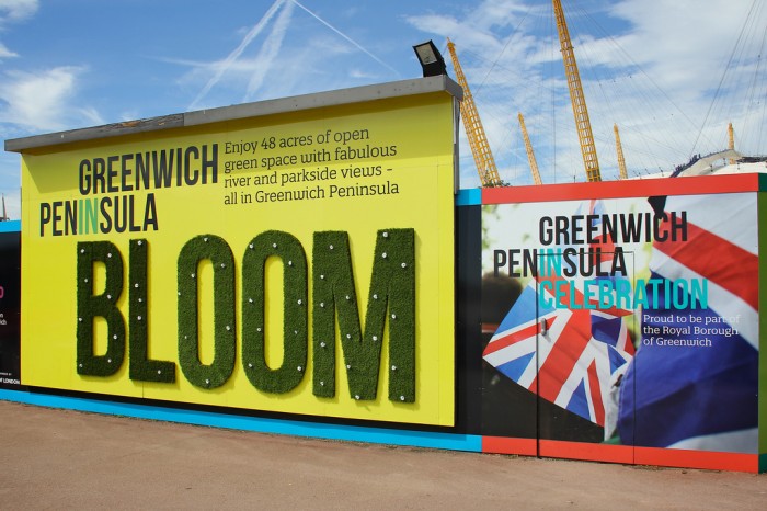 Greenwich Peninsula hoarding with bespoke finishes