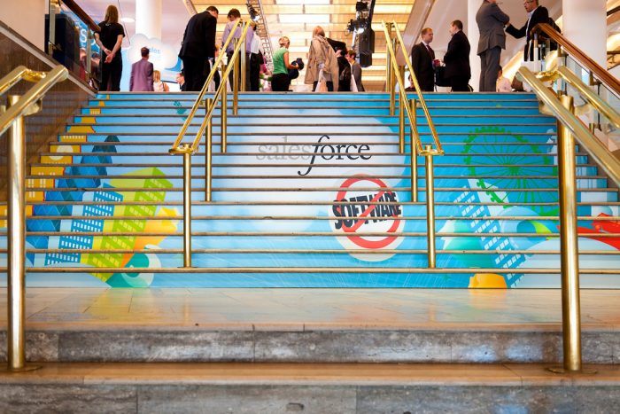 Event branding with stair strip prints at Cloudforce London by Octink