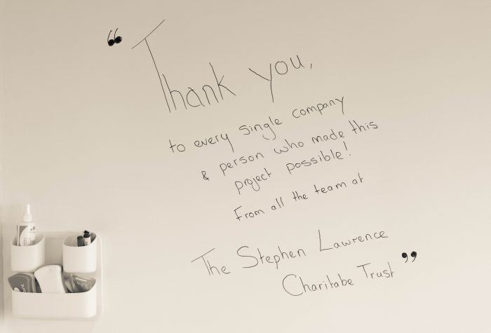 Image shows a 'Thank you' message to companies involved in the refurbishment of the Your Space hub from The Stephen Lawrence Charitable Trust.